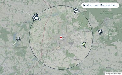 Mapa okolic miasta z sylwetkami samolotów — Niebo nad Radomiem na żywo