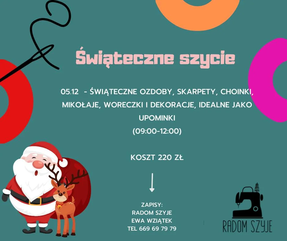 Grafika promocyjna wydarzenia Mikołajowe Szycie w Radomiu – świąteczne warsztaty