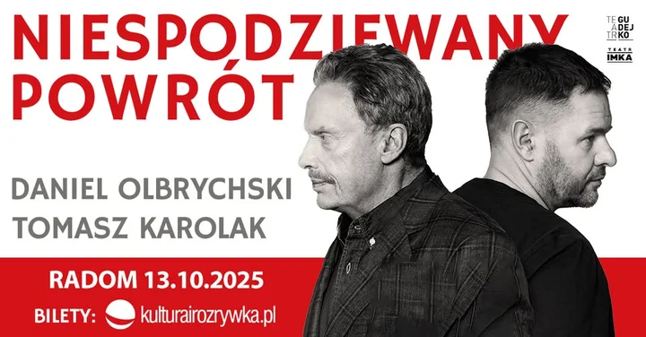 Obrazek przedstawia grafikę promocyjną wydarzenia Spektakl komediodramatyczny z Olbrychskim i Karolakiem w Radomiu