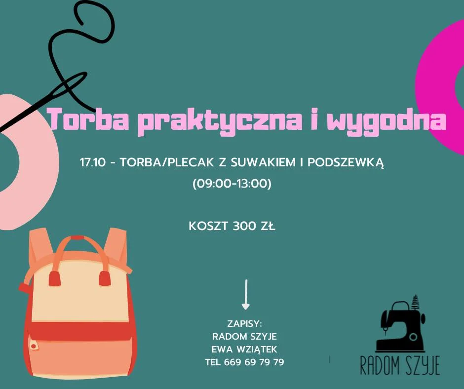 Grafika promocyjna wydarzenia Szyjemy torbę/plecak: warsztaty w Radomiu