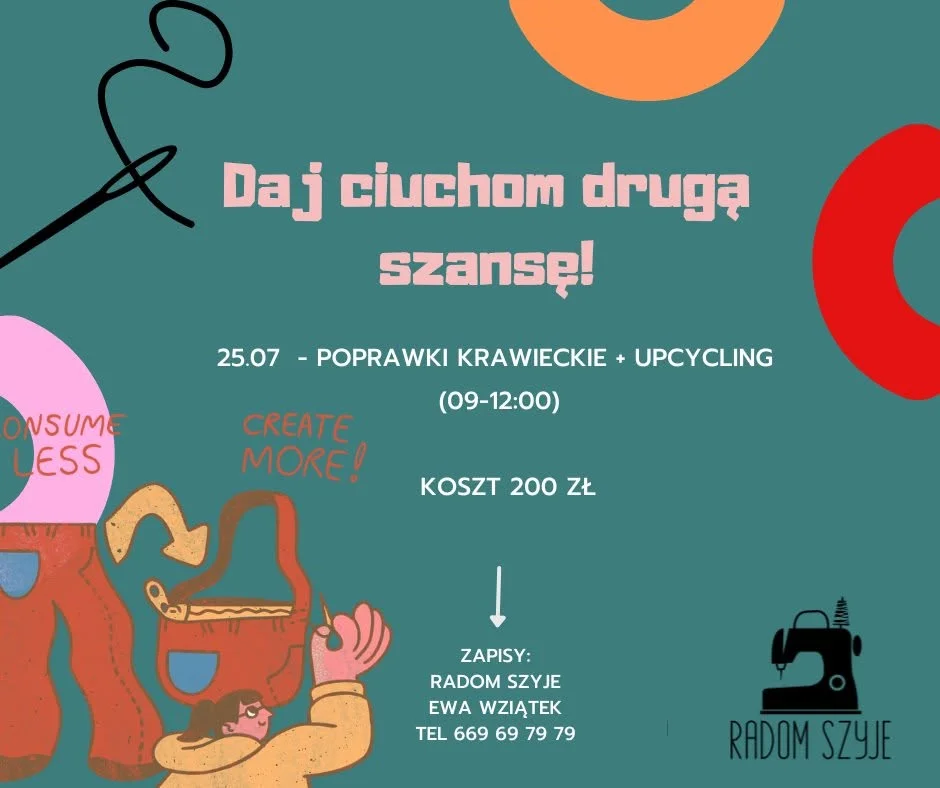 Grafika promocyjna wydarzenia Kompleksowe poprawki krawieckie + upcycling w Radomiu