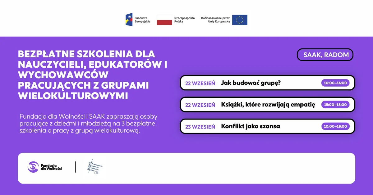 Grafika promocyjna wydarzenia Bezpłatne szkolenie dla osób pracujących z grupami wielokulturowymi w Radomiu – praktyczne wsparcie
