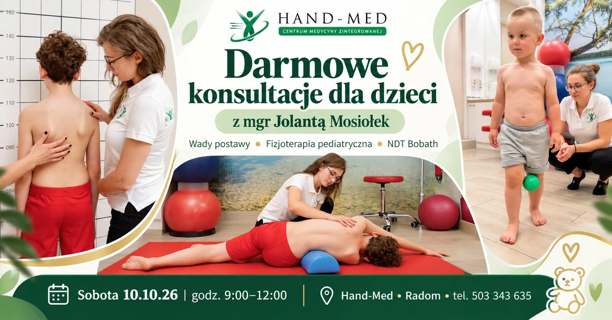 Grafika promocyjna wydarzenia Darmowe konsultacje fizjoterapeutyczne dla dzieci w Radomiu