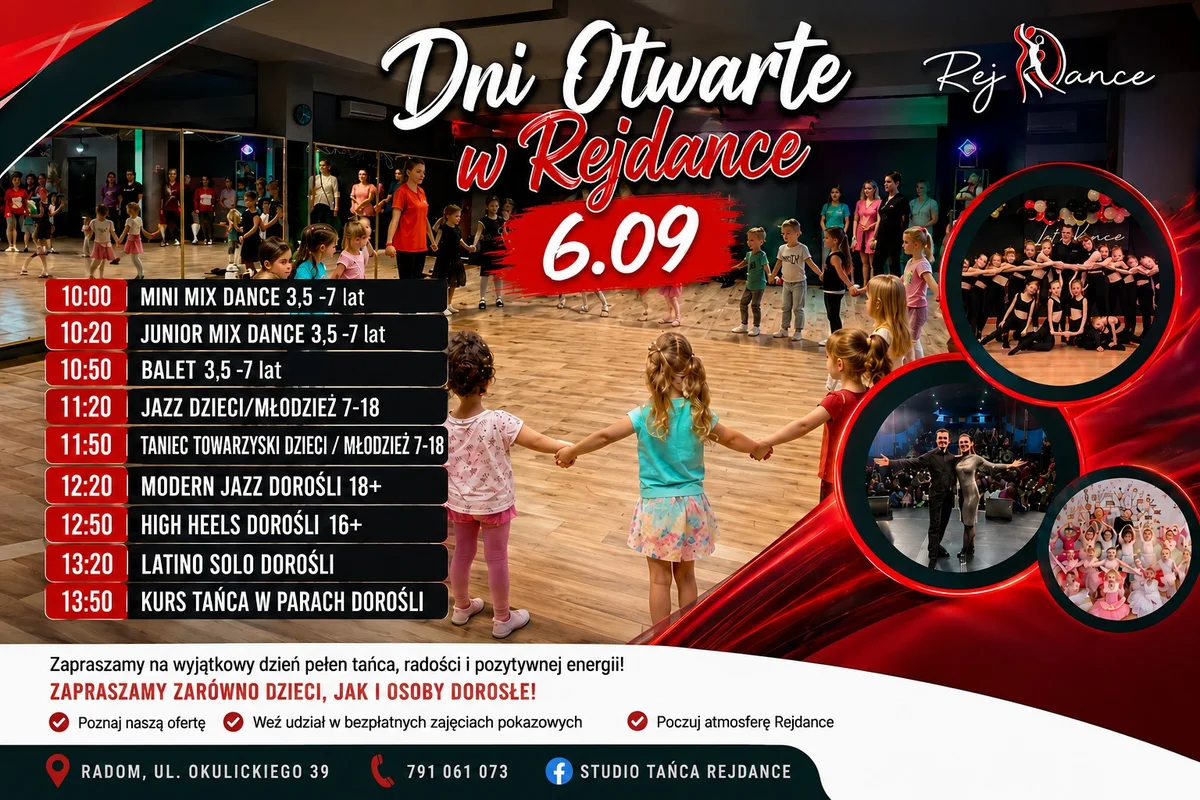 Grafika promocyjna wydarzenia Dni Otwarte w Rejdance – taniec dla każdego