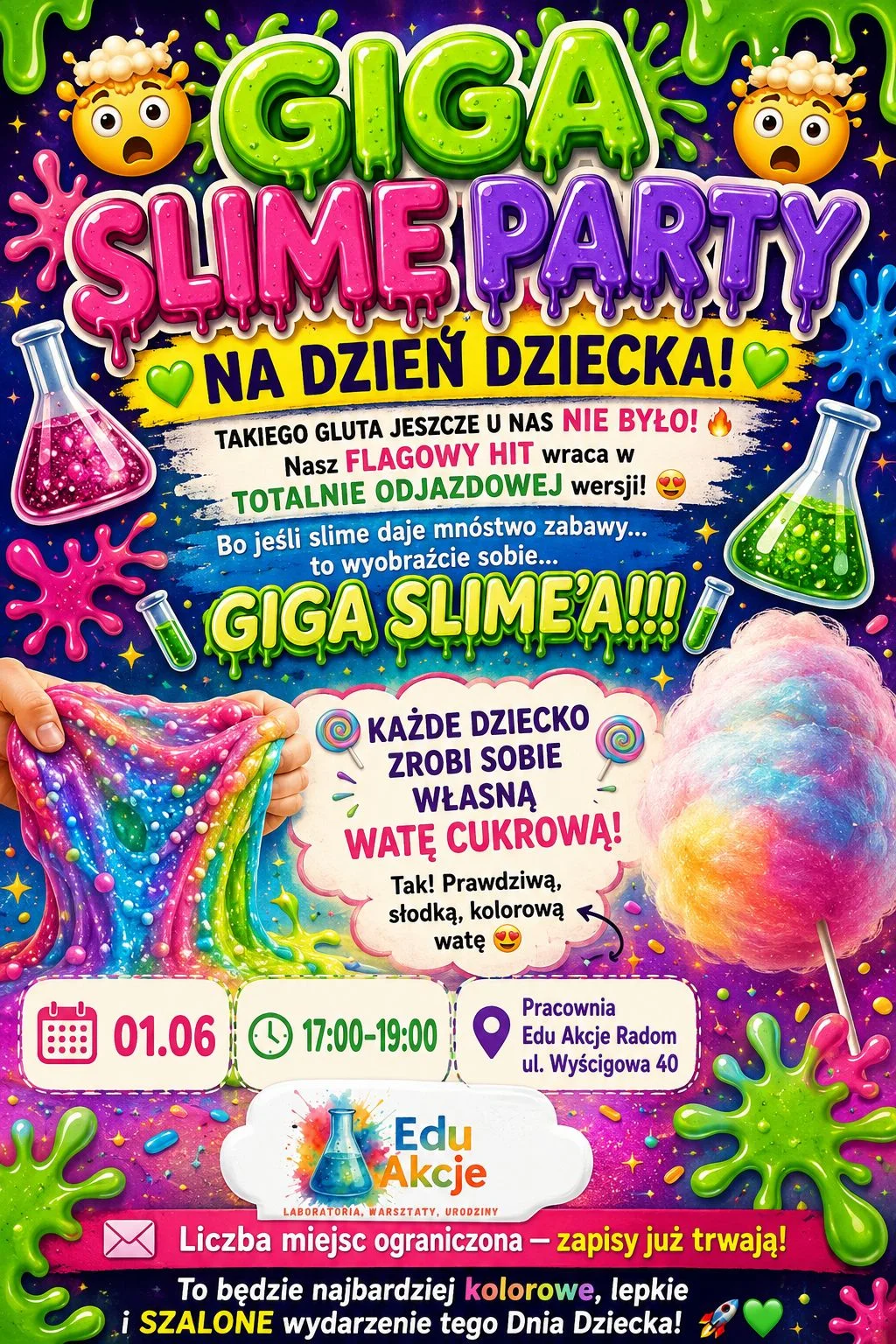 Grafika promocyjna wydarzenia GIGA SLIME PARTY na Dzień Dziecka w Radomiu. Kolorowe warsztaty pełne glutowej zabawy