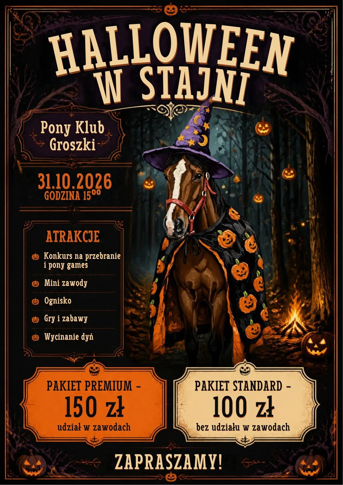 Grafika promocyjna wydarzenia Halloween w Pony Klub Groszki: końska magia
