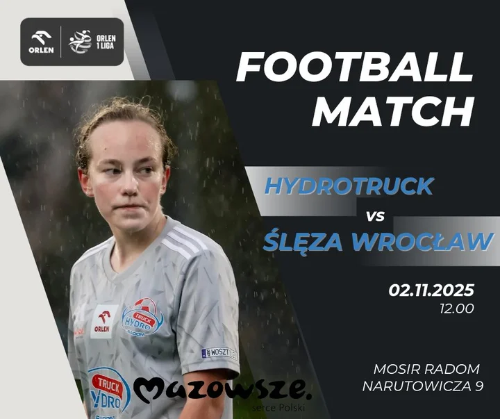 Grafika promocyjna wydarzenia HydroTruck Radom Ślęza Wrocław — ORLEN 1 LIGA KOBIET w Radomiu