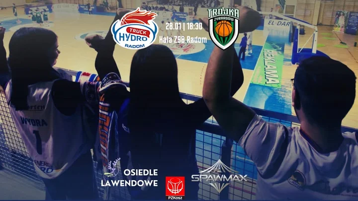 Grafika promocyjna wydarzenia HydroTruck Radom Trójka Żyrardów — mecz w Hali ZSB