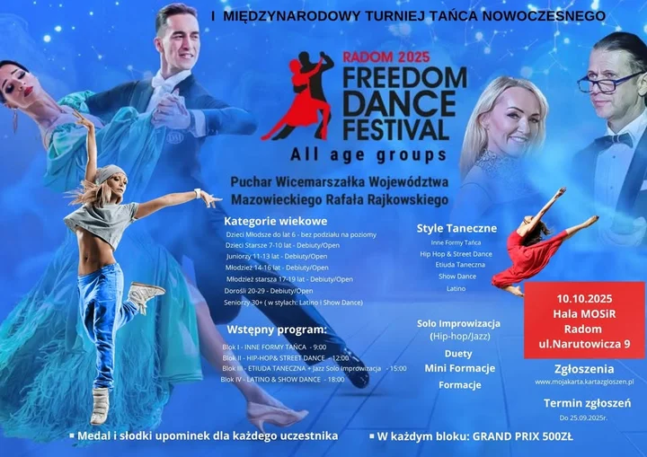 Obrazek przedstawia grafikę promocyjną wydarzenia Międzynarodowy turniej tańca nowoczesnego w Radomiu