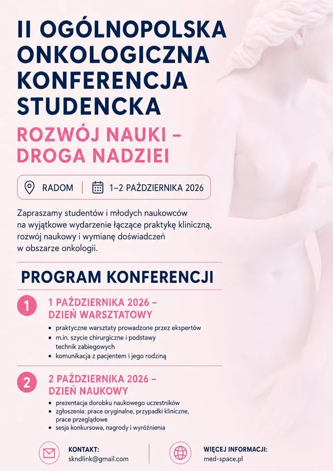 Grafika promocyjna wydarzenia II Ogólnopolska Studencka Konferencja Onkologiczna „Rozwój Nauki - Droga Nadziei” – program i informacje