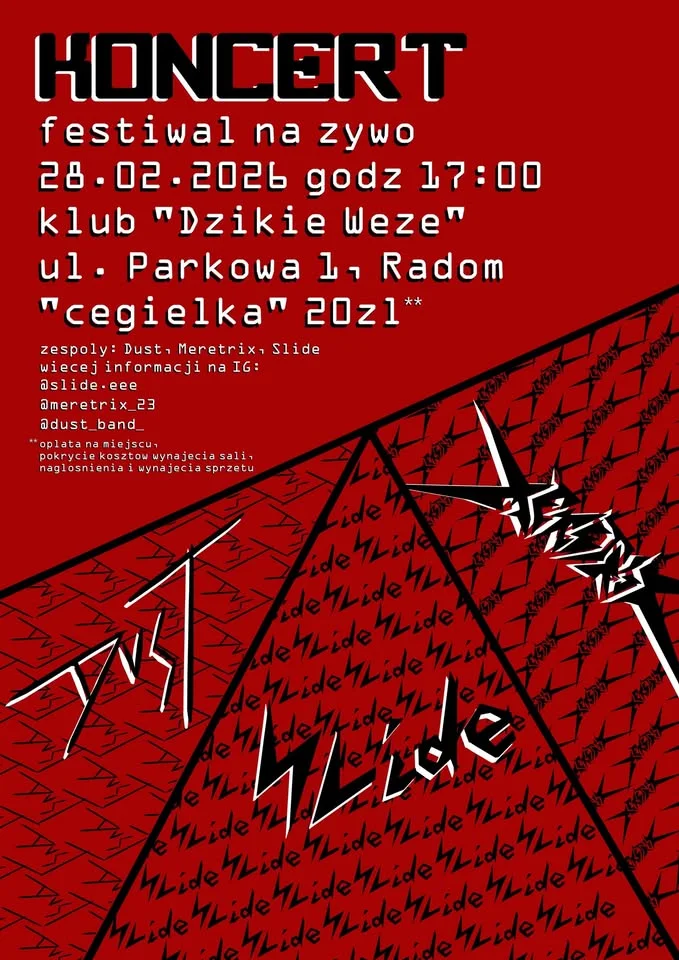 Grafika promocyjna wydarzenia KONCERT: Dust, Meretrix i Slide — Radom, 28 lutego 2026