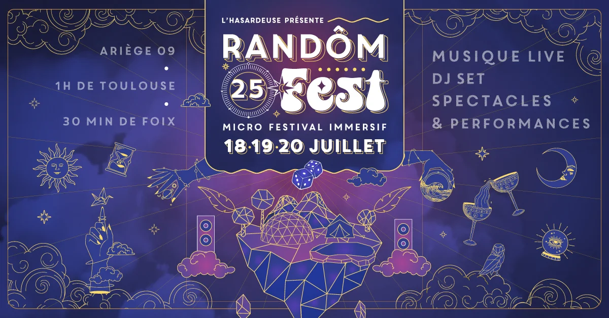 Grafika promocyjna wydarzenia Letni mikro-festiwal muzyczny w Ariège z unikalną lokalizacją