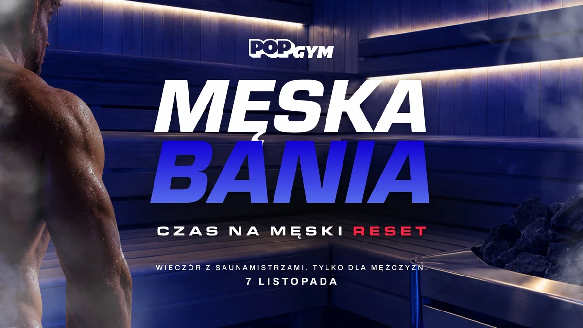 Grafika promocyjna wydarzenia MĘSKA BANIA – seanse saunowe w Radomiu