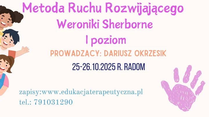 Obrazek przedstawia grafikę promocyjną wydarzenia Szkolenie z Metody Ruchu Rozwijającego Weroniki Sherborne — poziom podstawowy