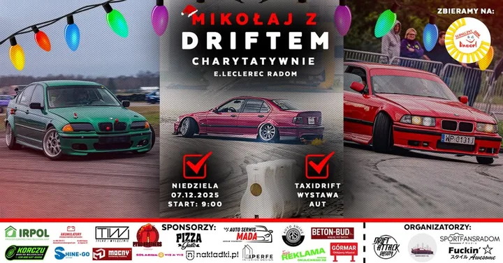 Grafika promocyjna wydarzenia Mikołaj z Driftem charytatywnie — pomagamy Słonecznemu Domowi