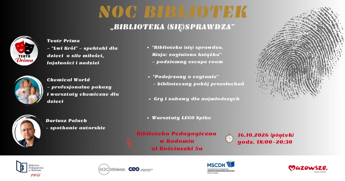 Grafika promocyjna wydarzenia Noc Bibliotek 2026: program i atrakcje