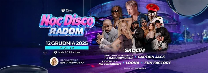 Grafika promocyjna wydarzenia NOC DISCO RADOM 2025 — wielka noc disco w Hali RCS