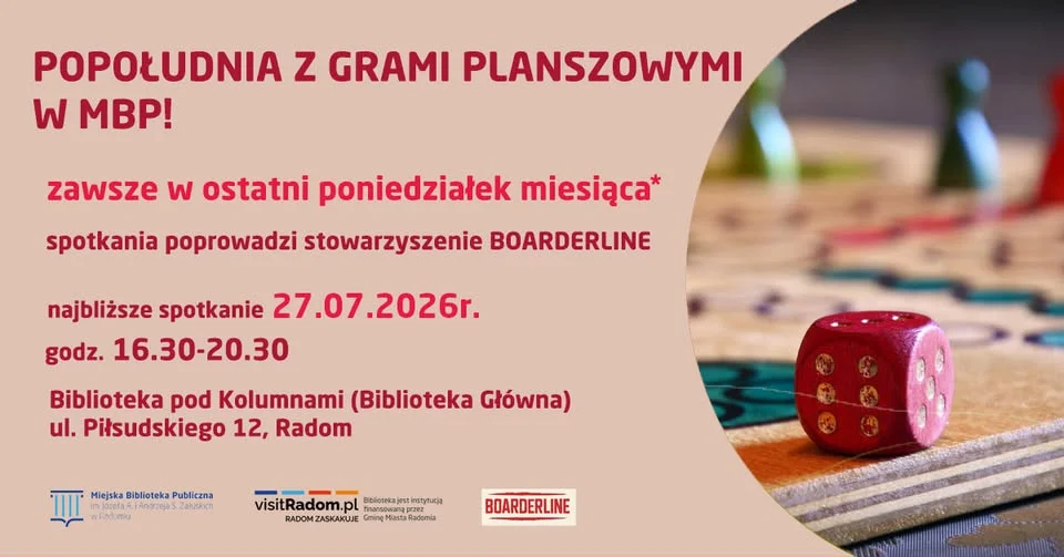 Grafika promocyjna wydarzenia Popołudnie z planszówkami w Bibliotece w Radomiu