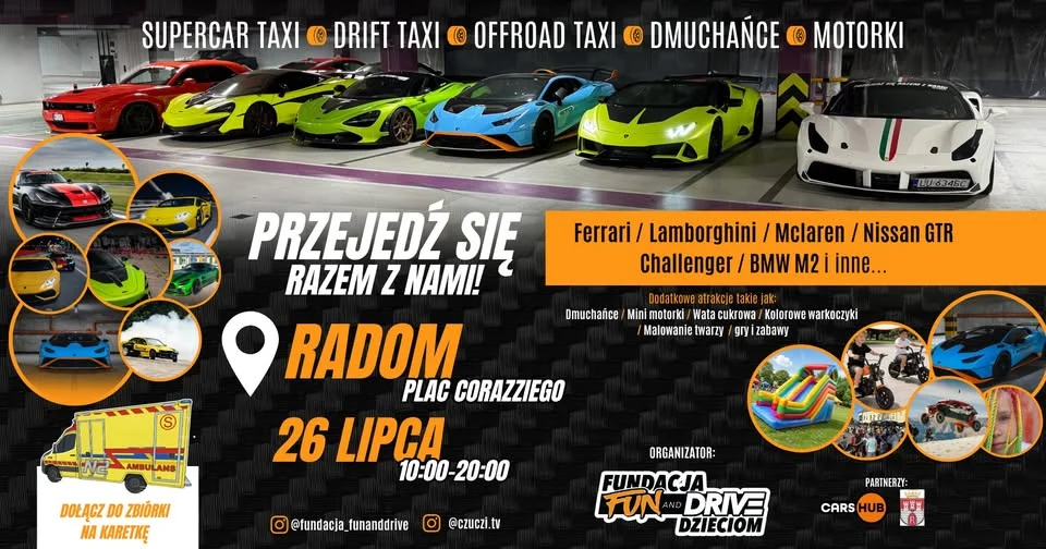 Grafika promocyjna wydarzenia Przejedź się Ferrari, Lamborghini, McLaren, GTR, Challenger i BMW w Radomiu