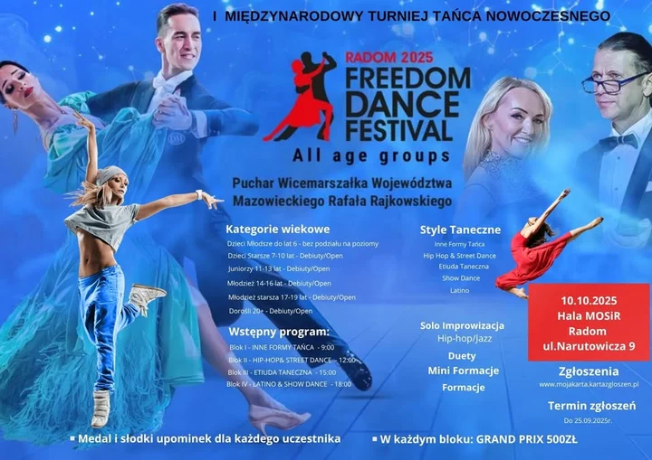 Obrazek przedstawia grafikę promocyjną wydarzenia Turniej tańca nowoczesnego i towarzyskiego w Radomiu