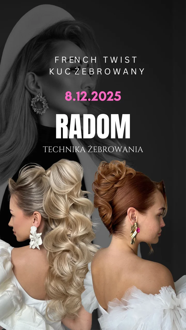Grafika promocyjna wydarzenia RADOM- TECHNIKI ŻEBROWANE — szkolenie KUC / French Twist, 8 grudnia 2025