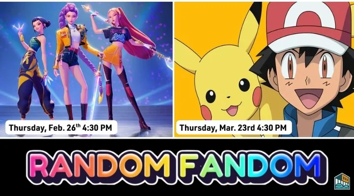 Grafika promocyjna wydarzenia Random Fandom — cykl spotkań fanów w bibliotece