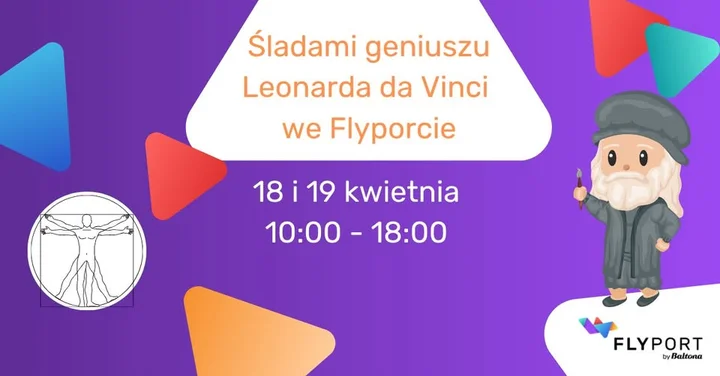 Grafika promocyjna wydarzenia Śladami geniuszu Leonarda da Vinci we Flyporcie – rodzinny weekend pełen zagadek