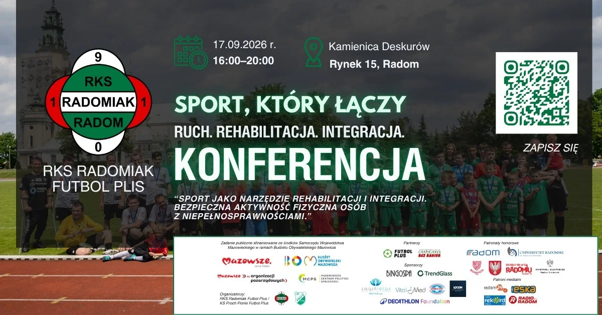Grafika promocyjna wydarzenia Sport jako narzędzie rehabilitacji i integracji – konferencja w Radomiu