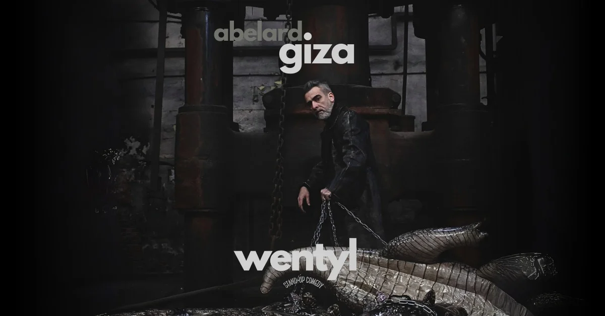 Grafika promocyjna wydarzenia Stand-up z Abelardem Gizą oraz występy Janusza Pietruszki i Kuby Śliwki w Radomiu