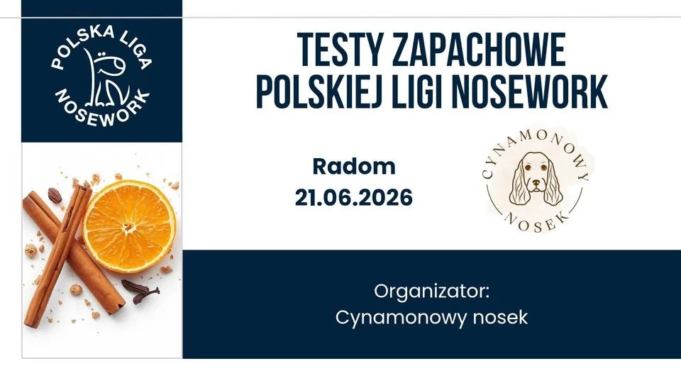 Grafika promocyjna wydarzenia Testy zapachowe Polskiej Ligi Nosework w Radomiu