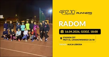 Grafika promocyjna wydarzenia 4FIZJO Runners Radom: otwarty trening biegowy dla każdego