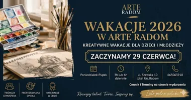 Grafika promocyjna wydarzenia Artystyczne wakacje w Arte Radom 2026 – rysunek, malarstwo i grafika dla dzieci i młodzieży