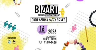 Grafika promocyjna wydarzenia BizArt i MOYAMOC w Radomiu – networking międzysektorowy i warsztaty z kryształów