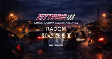 Grafika promocyjna wydarzenia CITYRAID Radom: samochodowa gra orientacyjna z nagrodami