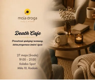 Grafika promocyjna wydarzenia Death Cafe w Radomiu: spokojna rozmowa o śmierci, żałobie i życiu