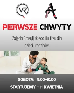 Grafika promocyjna wydarzenia PIERWSZE CHWYTY w Radomiu: rodzic i dziecko na pierwszym treningu BJJ
