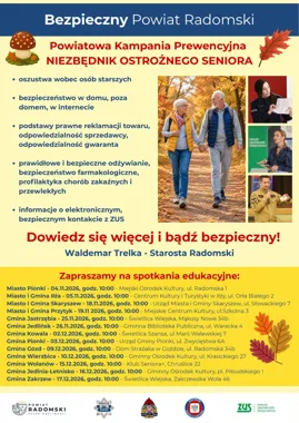 Grafika promocyjna wydarzenia Niezbędnik ostrożnego seniora – spotkanie edukacyjne w Pionkach