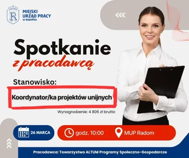 Grafika promocyjna wydarzenia Spotkanie z pracodawcą w MUP Radom — ALTUM szuka Koordynatora/ki projektów unijnych