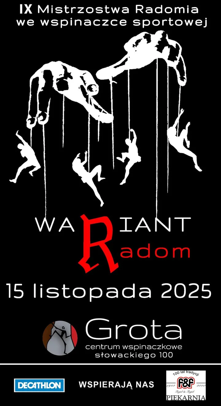 Grafika promocyjna wydarzenia Wariant Radom 2025 — IX Mistrzostwa Radomia we Wspinaczce Sportowej