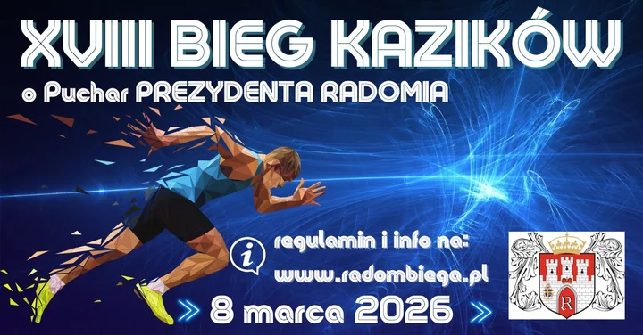 Grafika promocyjna wydarzenia XVIII Bieg Kazików o Puchar Prezydenta Miasta Radomia — 10 km i rodzinne biegi w centrum Radomia