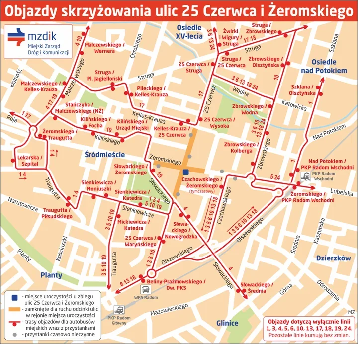 Objazdy i zamknięte ulice w centrum Radomia podczas rocznicy Czerwca ’76