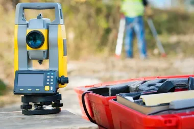 Tachimetr geodezyjny ustawiony na drewnianym blacie obok czerwonego walizki z osprzętem, w tle rozmyta postać pracownika w kamizelce odblaskowej.